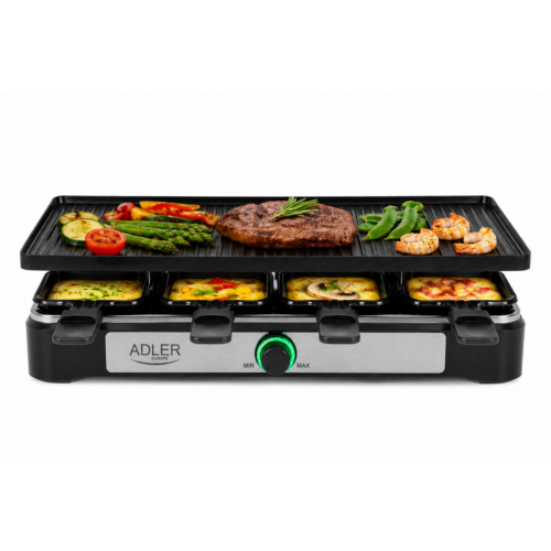 Adler AD 6616, 1400 W, plocha 966 cm2, 8 malých pánviček, 8 špachtlí, černá, elektrický gril Raclette