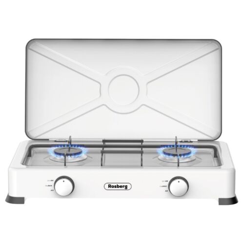 Rosberg R51454E2, 2-zónový, liate hliníkové horáky, kryt z uhlíkovej ocele, prenosný, biely, vonkajší plynový varič