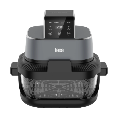 Teesa TSA8090, skleněná horkovzdušná fritéza, 1500 W, 5,5 litru, 4 programy vaření, 2 skleněné nádoby, časovač, černá, horkovzdušná trouba