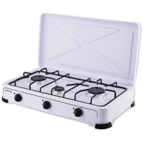 Brock GS003W, 3 zónás, LPG (G30, G31), Öntöttvas égők, Fém ház, Fehér, Hordozható gáztűzhely