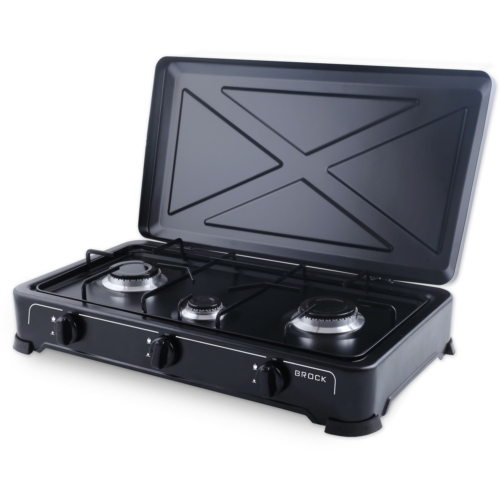 Brock GS 2003 BK, 3 zónás, LPG (G30, G31), Öntöttvas égők, Fém ház, Fekete, Hordozható gáztűzhely