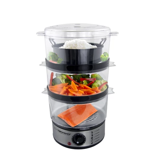 Aparat cu aburi pentru alimente, Esperanza EKG009, Volcano, 400 W, 7,5L, Temporizator, Otel inoxidabil, Negru