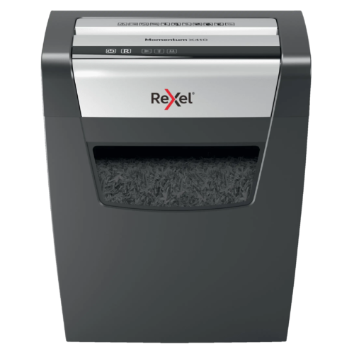 Rexel Momentum X410, 23 liter, Konfetti vágás, P4, 10 lap, Fekete, Iratmegsemmisítő