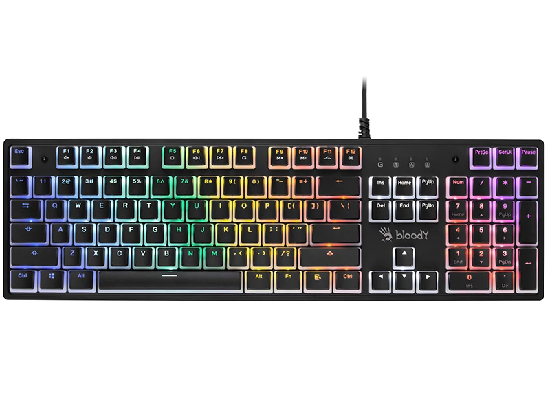 A4TECH Bloody S510R, mechanické (modrý spínač), RGB osvetlenie, hranie, US, pudingová čierna, káblová klávesnica