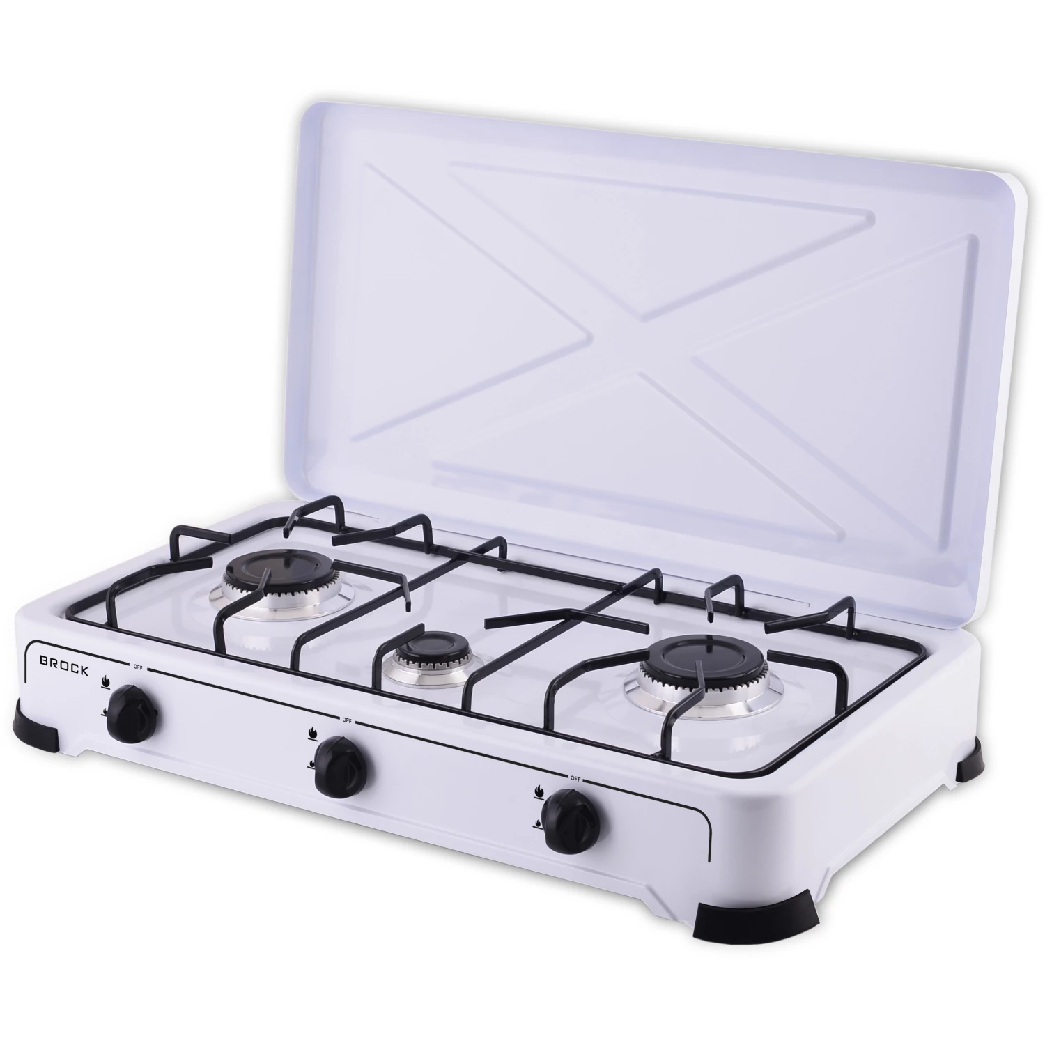 Brock GS003W, 3 zone, GPL (G30, G31), Arzătoare din aluminiu turnat, Carcasă metalică, Alb, Aragaz portabil pe gaz