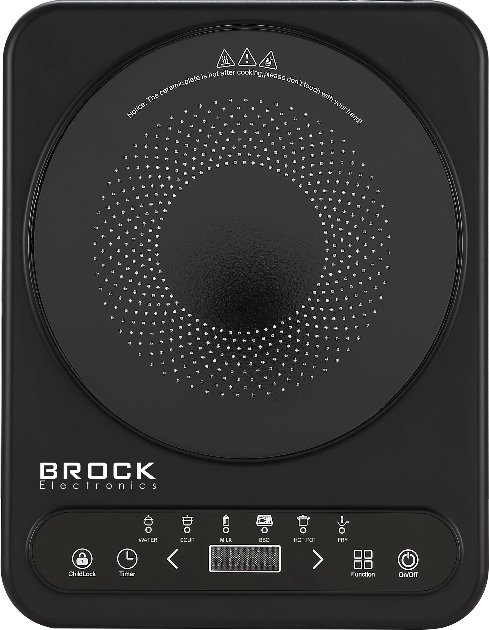 Brock HP 2007, 2000W, 1-zónás, Időzítő, 6 főzési funkció, Hordozható, Kerámia, Fekete, Indukciós főzőlap