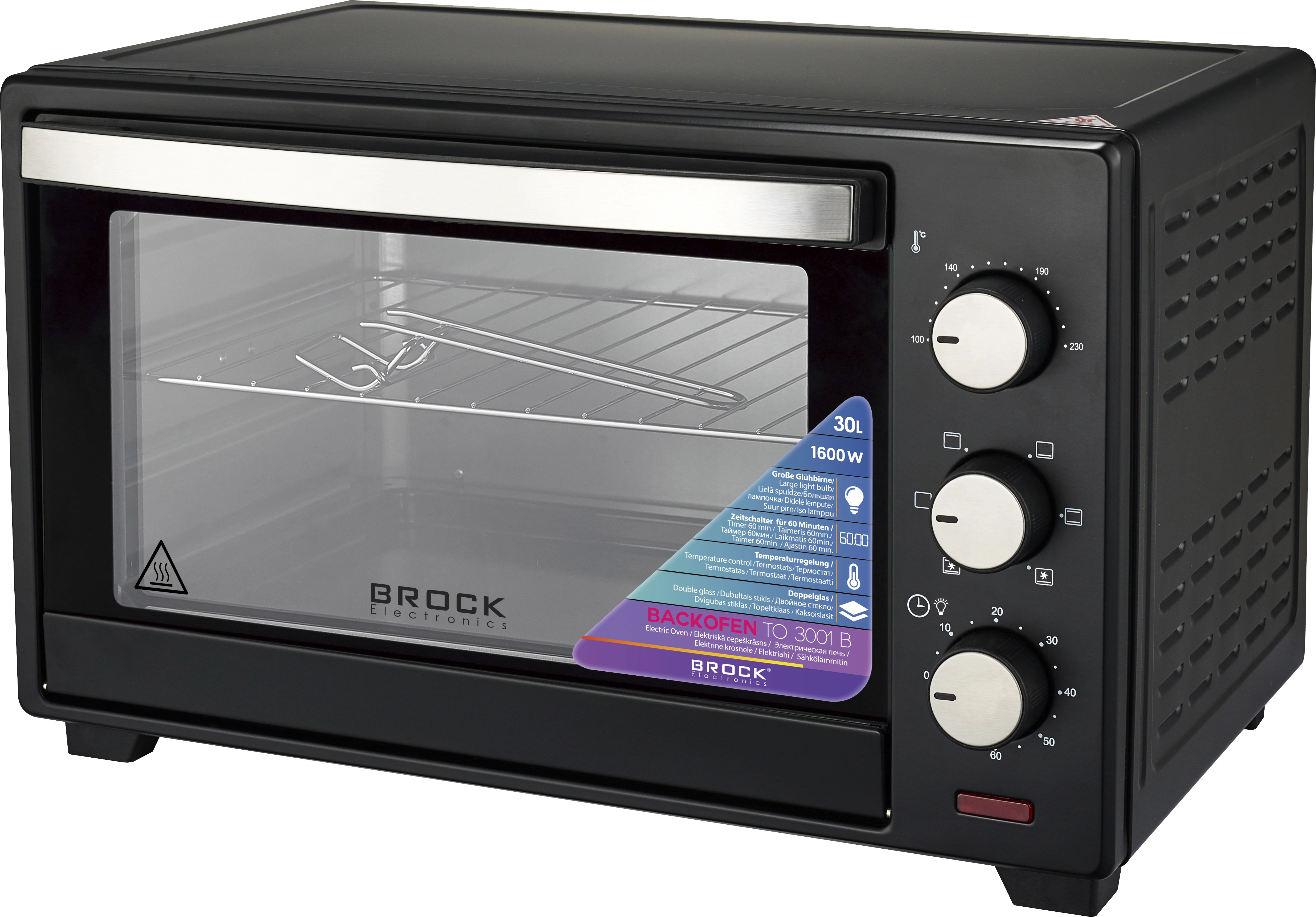 Mini cuptor electric, Brock TO 3001 BK, 1600W, 30L, 100-230°C, Functia gratar, Negru