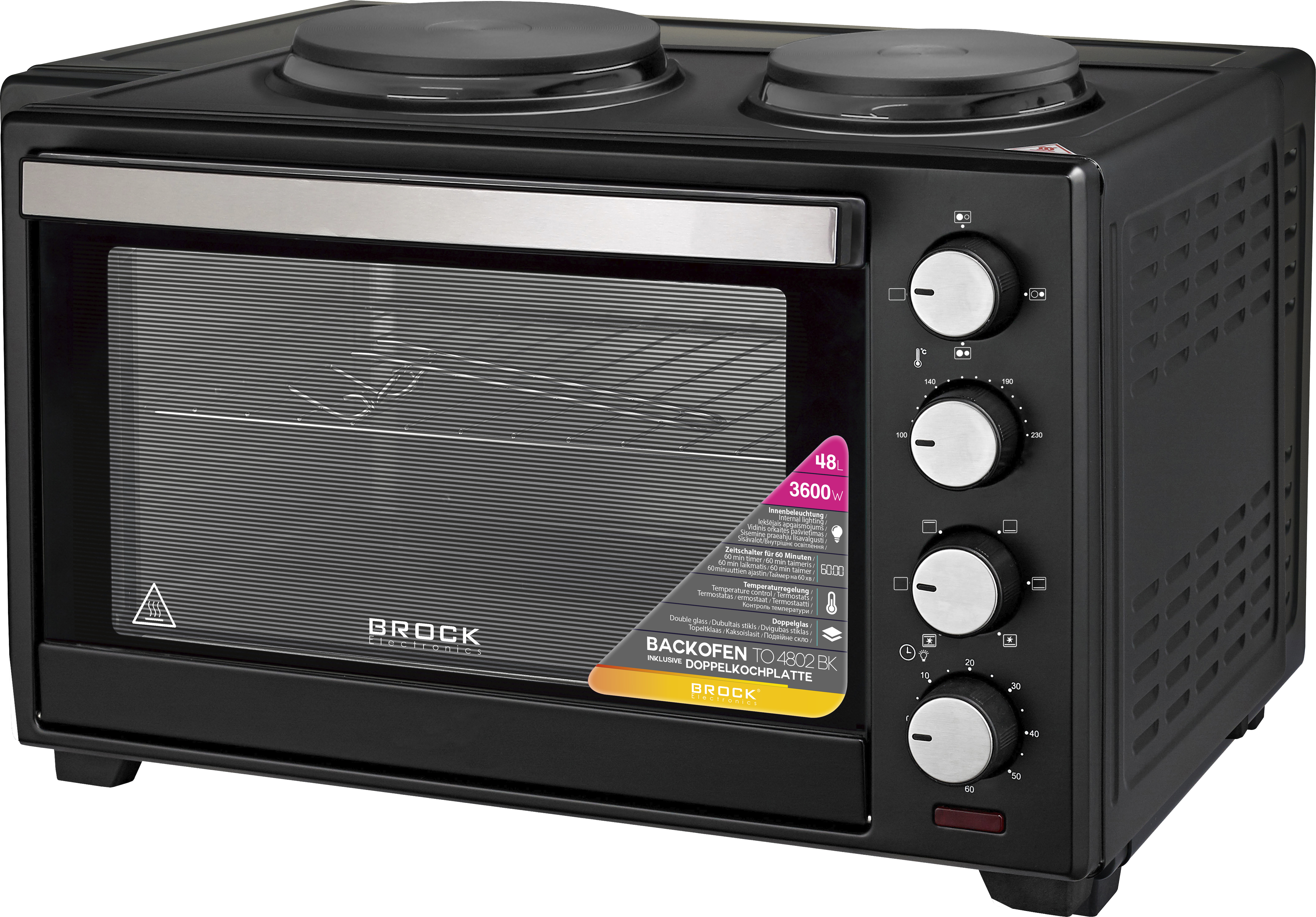 Brock TO 4802 BK, 2000 W, 48 L, 100-230°C, Beépített főzőlap, Fekete, Elektromos Mini sütő