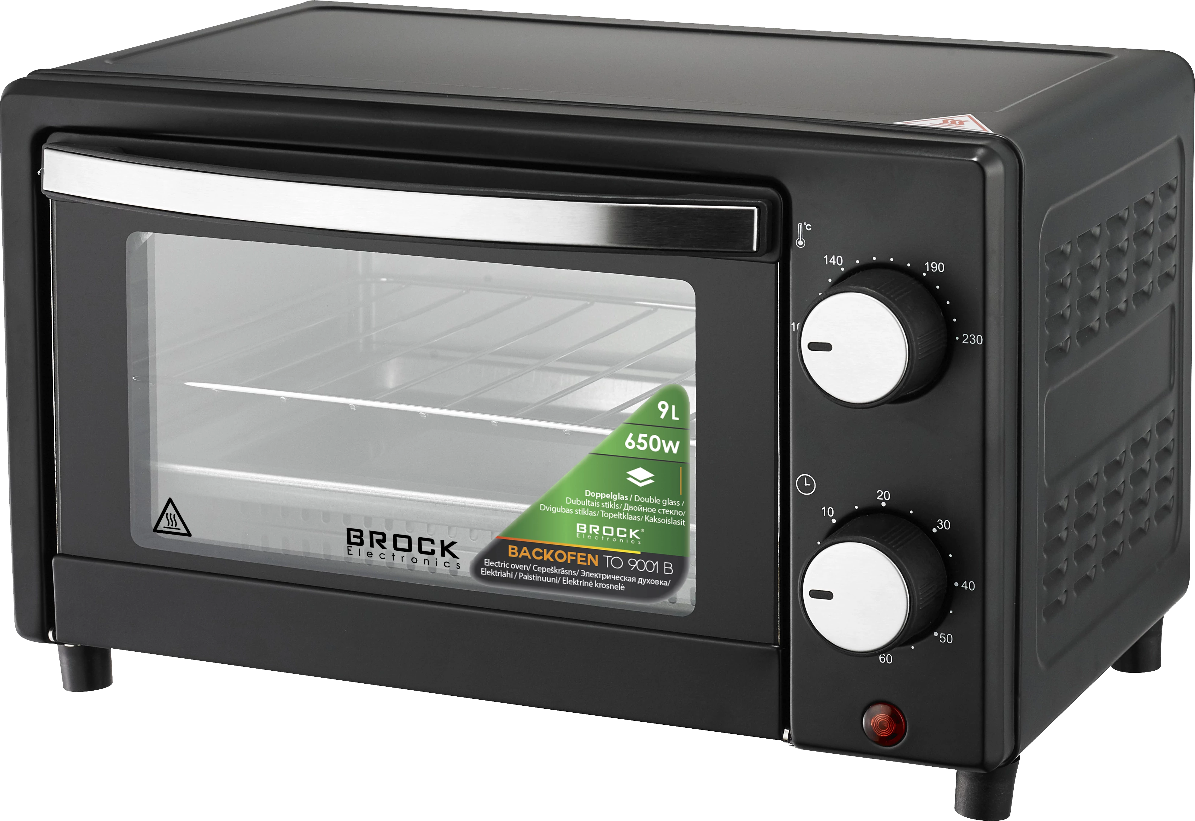 Brock TO 9001 B, 650 W, 9 L, 100-230°C, Dupla fal, Cool-touch, Fekete, Elektromos Mini sütő