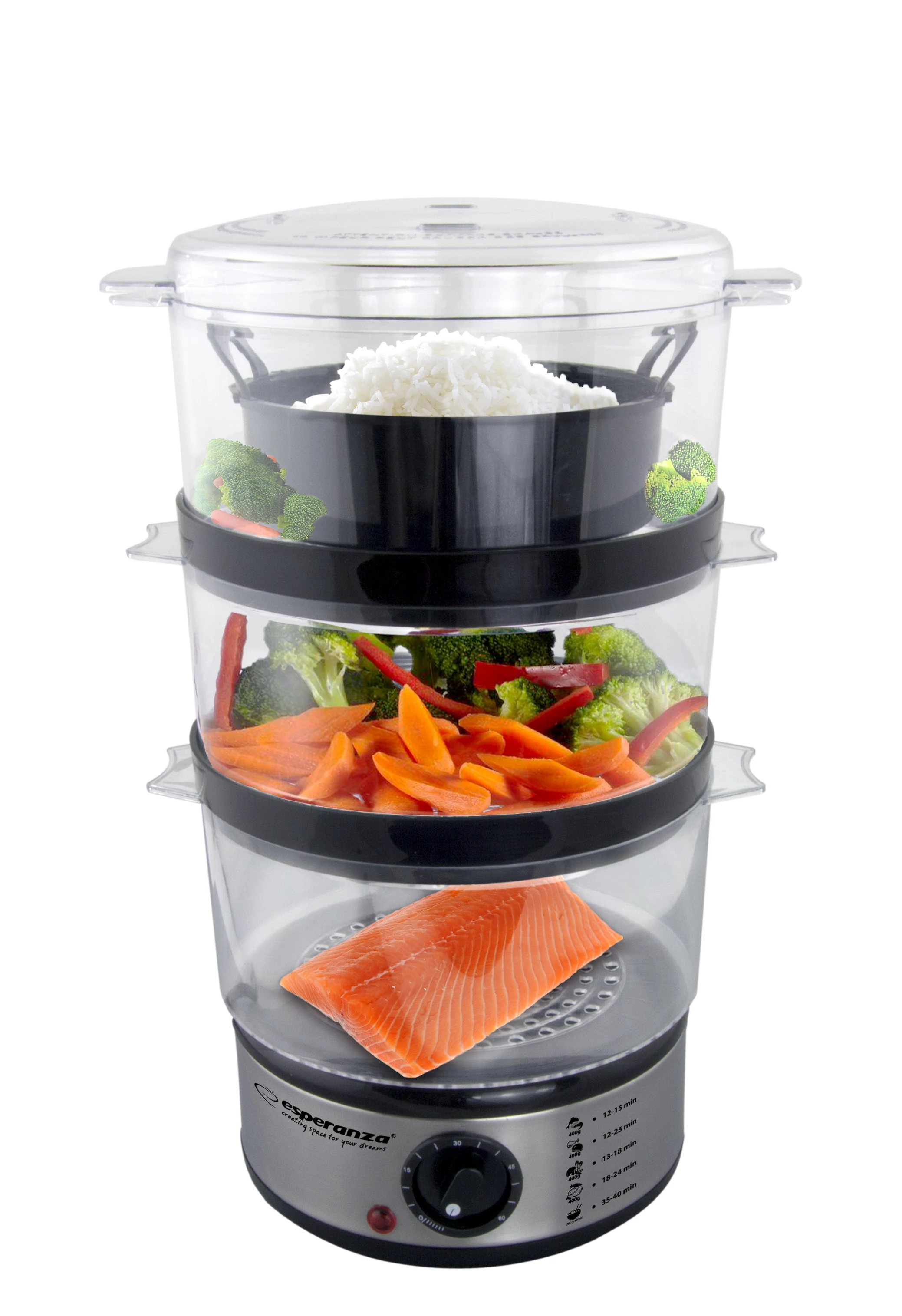 Aparat cu aburi pentru alimente, Esperanza EKG009, Volcano, 400 W, 7,5L, Temporizator, Otel inoxidabil, Negru
