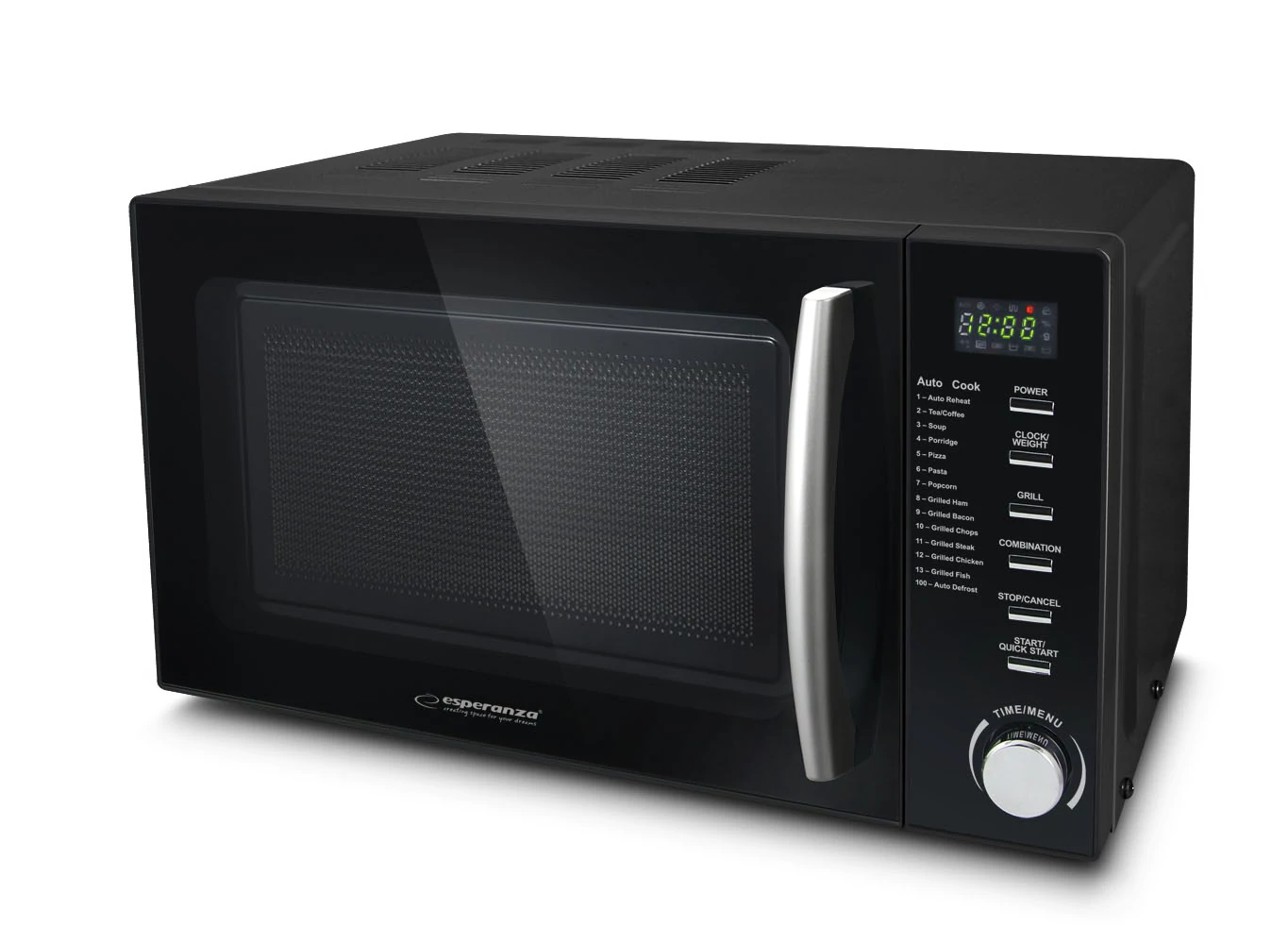 Esperanza EKO010, Cocinero, 1200W, 20L, LED, 14 programov, Funkcia gril, Čierna, Mikrovlnná rúra