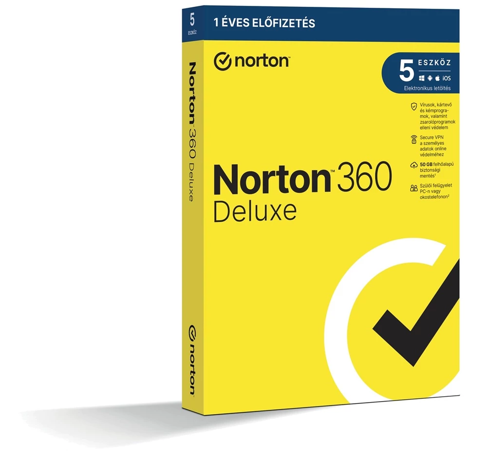 Norton 360 Deluxe, 50GB, HUN, 1 Felhasználó, 5 gép, 1 éves, Dobozos vírusirtó szoftver