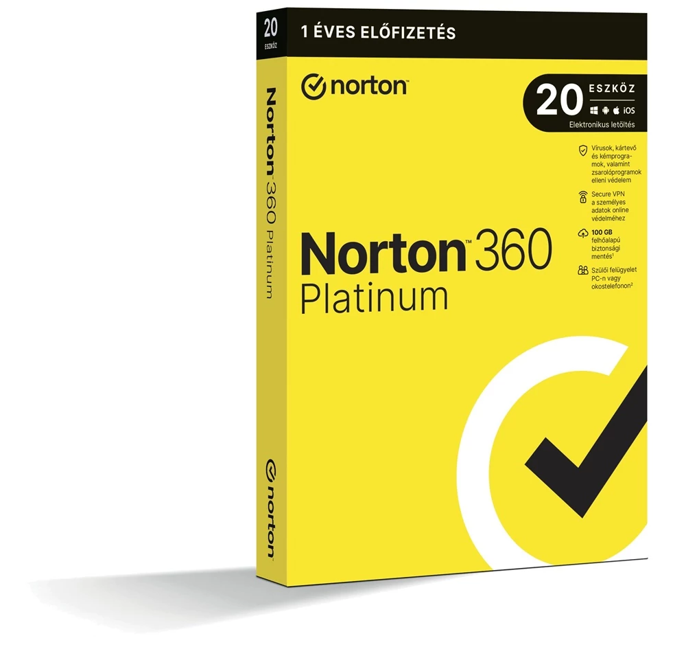 Norton 360 Platinum, 100GB, HUN, 1 Felhasználó, 20 gép, 1 éves, Dobozos vírusirtó szoftver