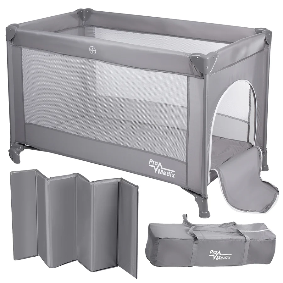 Pat pentru copii, Promedix PR-803G, Travel, 125 x 65 x 74 cm, Pliabil, Gri-Transparent