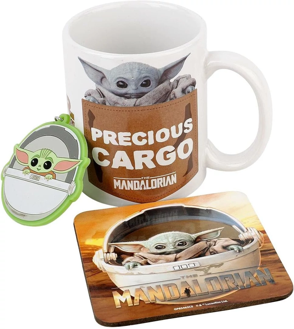 Pyramid GP85463, Star Wars - The Mandalorian: Grogu, Official, Set cadou cană, coaster și breloc