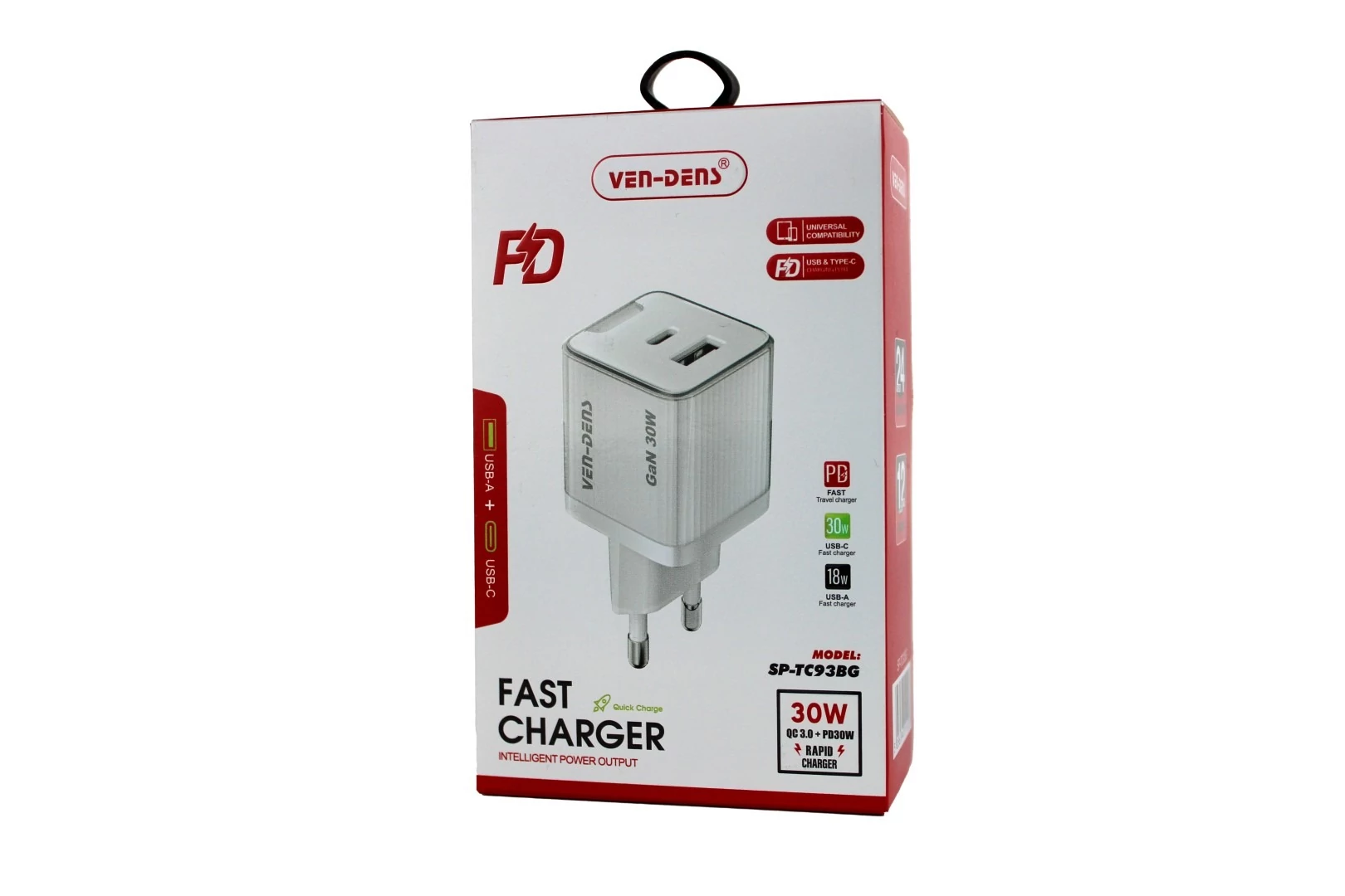 Ven-Dens Intelligent Charger, 30W, 3 port, 2x USB Type-C, 1 x USB Type-A, QC 3.0, Biela, Nabíjací adaptér